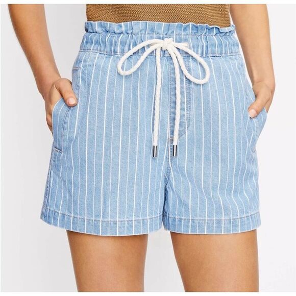 Loft Women’s High Rise Drawstring Striped Denim Shorts Size Large - Picture 1 of 7